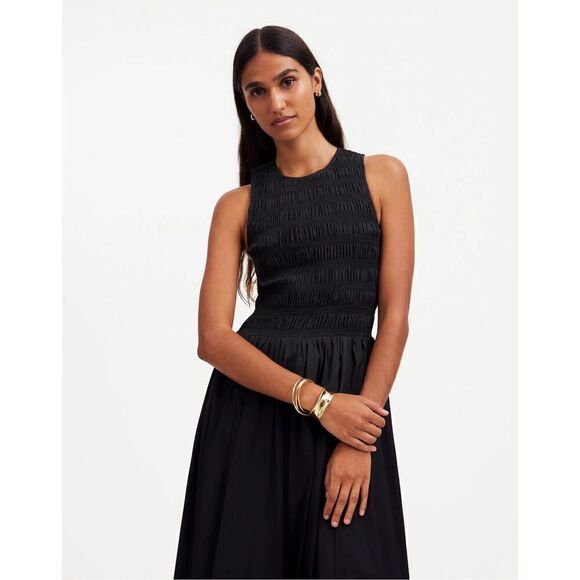 Madewell The Melody Bubble-Hem Smocked Midi Dress in Poplin True Black Size XXL - Picture 2 of 10